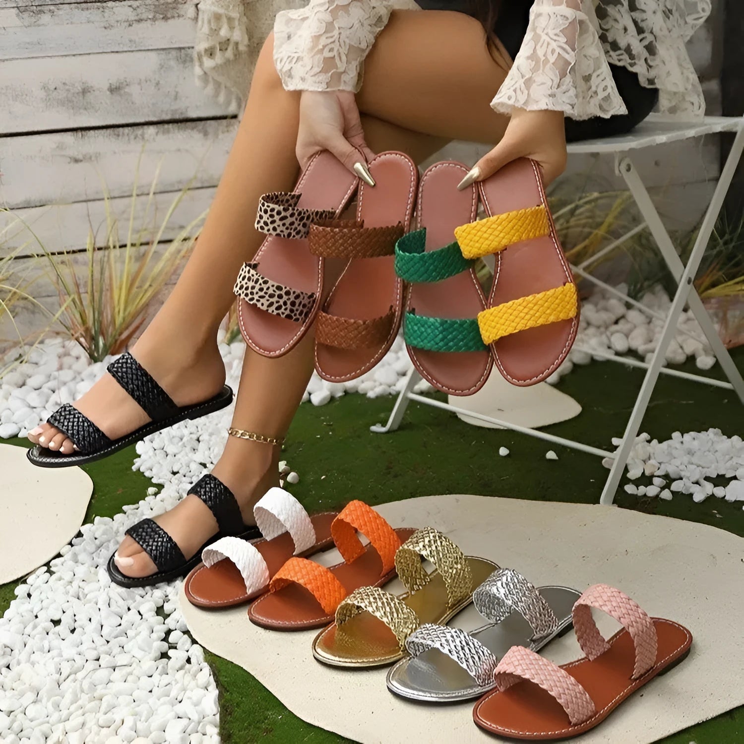 Women's plus size woven beach slippers in synthetic leather with PVC soles available in multiple colours