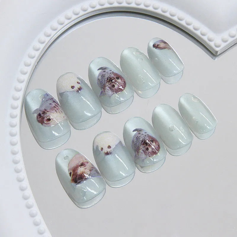 Cat eye summer ocean false nails in short oval shape with glue, detachable patch set for ladies
