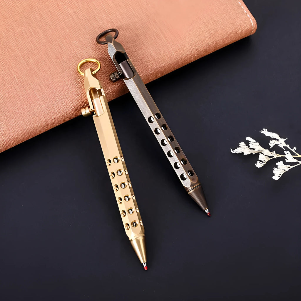 Retro brass hexagon bolt action pen with rollerball refill showing hexagonal barrel detail