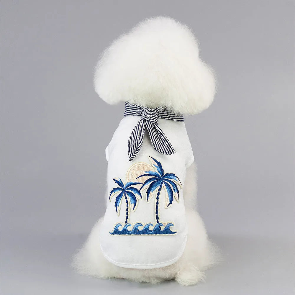 Cotton pet clothing with coconut tree embroidery in pink, casual dog coat for small to large breeds