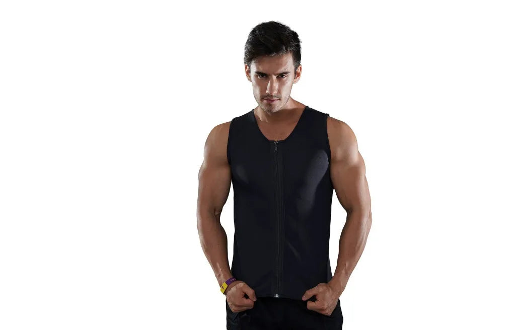 Black fitness sweat zipper vest with full zip front, chlorofibre nylon blend