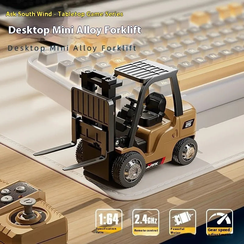 Mini blue alloy forklift remote control toy with cargo pallet and hook on a white background.