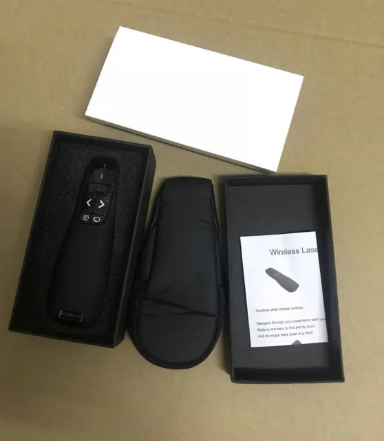 2.4GHz wireless presentation remote with laser pointer and USB receiver storage, 11.2cm length