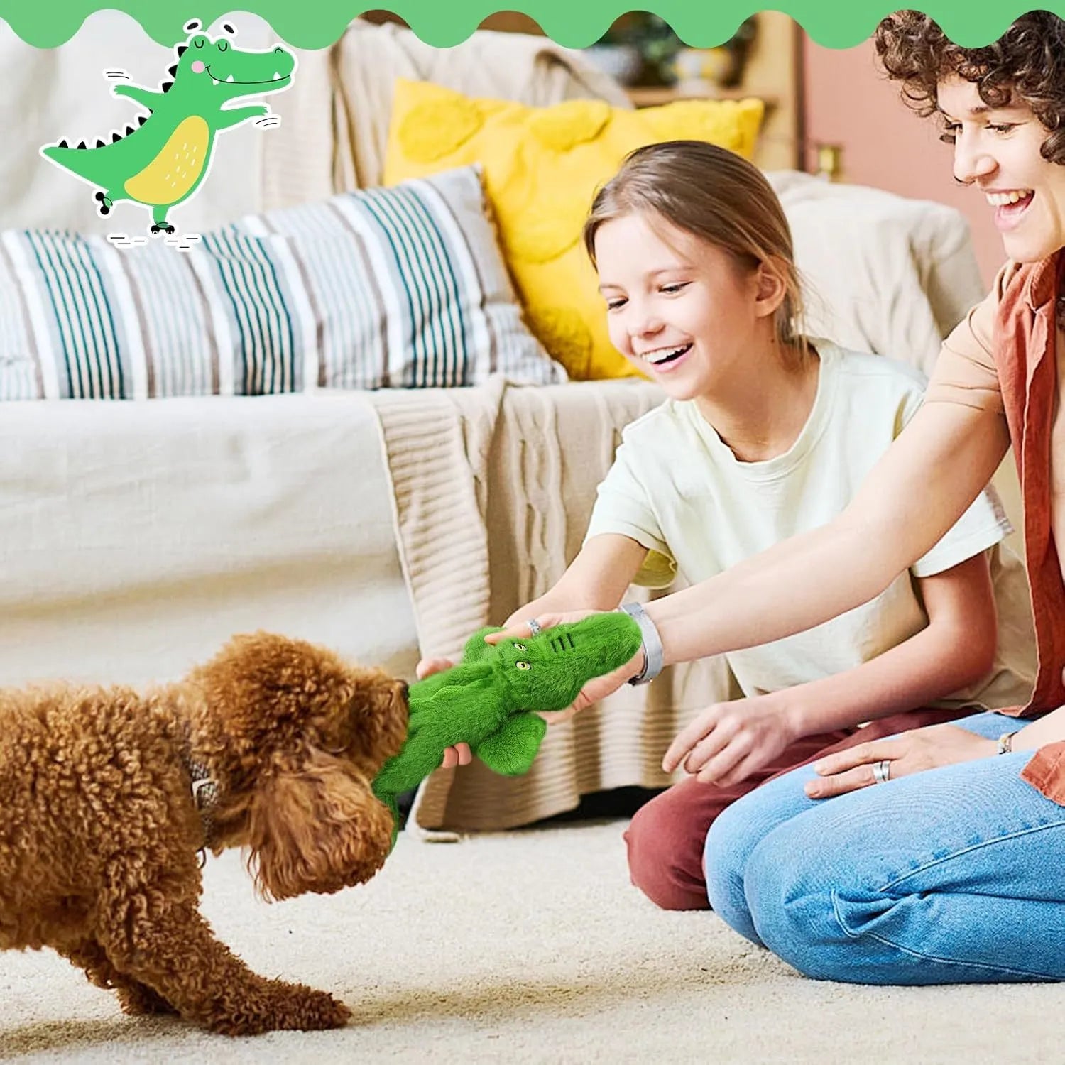 Green crocodile-shaped dog toy with squeaker in head and crinkle paper in tail