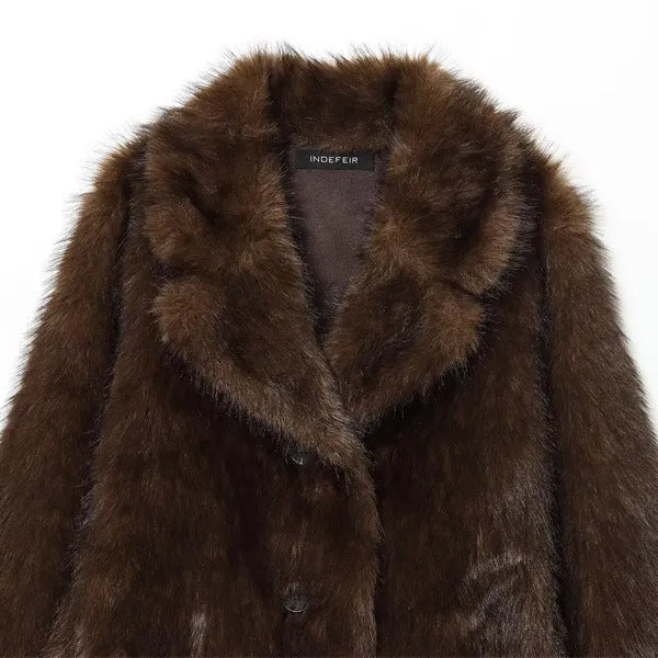 Women's brown artificial fur effect jacket coat with faux fur collar, long sleeves and 50cm length