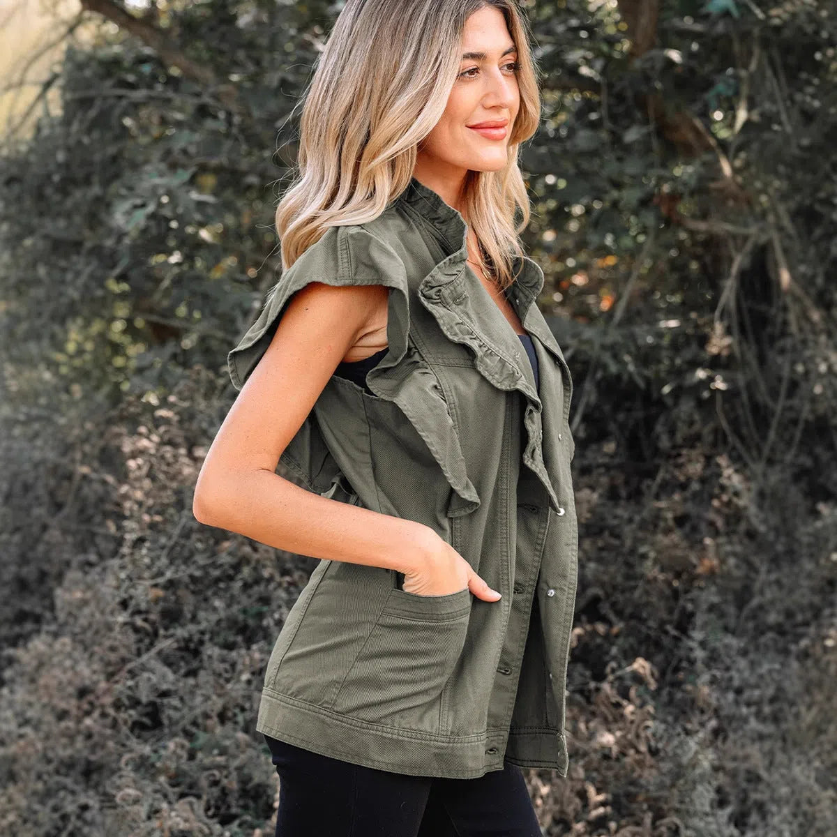 Green Bay women cotton ruffled patchwork denim jacket vest lightweight layering piece