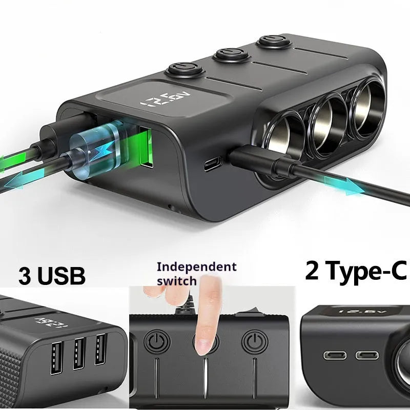 GC01 black one-to-three USB car cigarette lighter splitter with three independent ports and 12-24V input