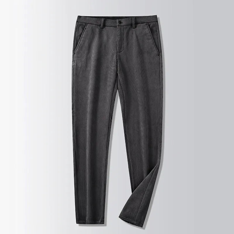 British retro style striped straight-leg trousers in a khaki colour, showing zip fly and classic cut.