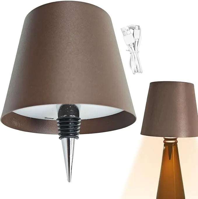 LED wine bottle table lamp with USB charging and three colour dimming modes in a white cylinder base