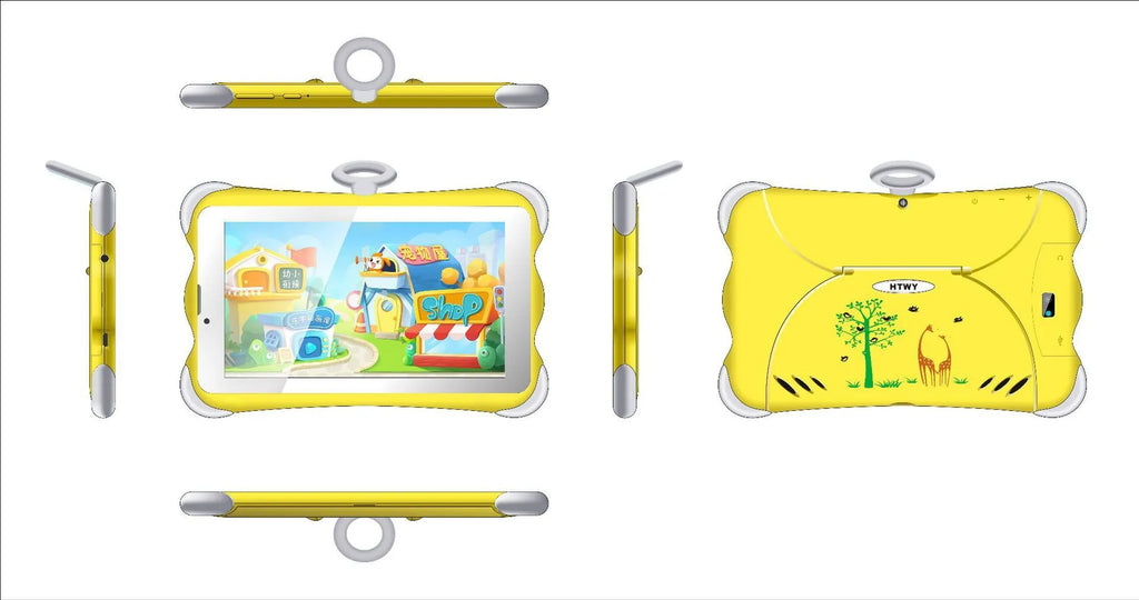 7-inch children's learning tablet with stand in cartoon colours showing IPS screen and 3G calling capability