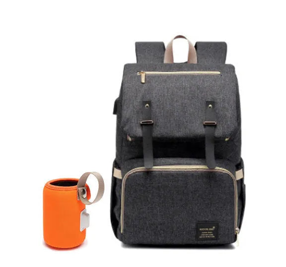 Grey white double shoulder mummy bag with bottle, stroller hooks, and multiple pockets for baby essentials