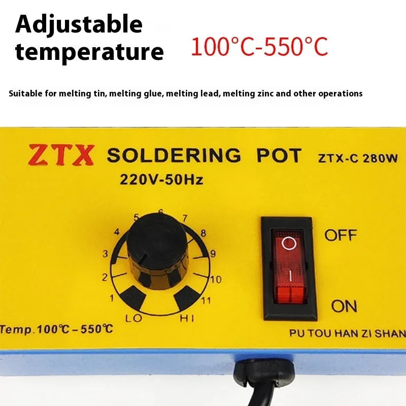 Adjustable temperature tin melting furnace on desktop with temperature control dial