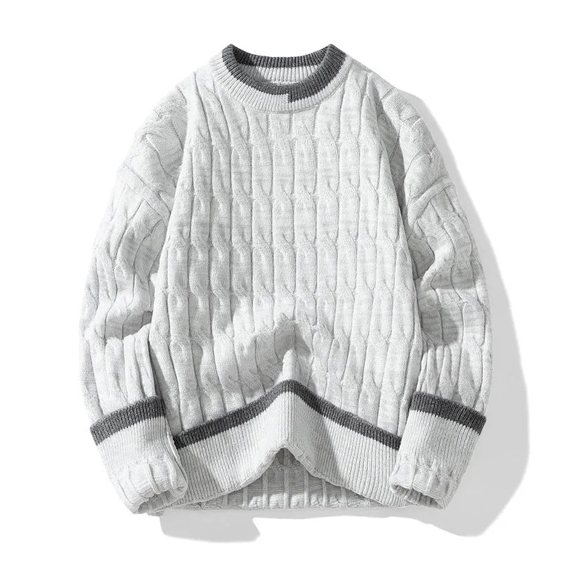 Men's loose fit two-piece modal acrylic sweater set in beige, shown as a pullover with long sleeves.