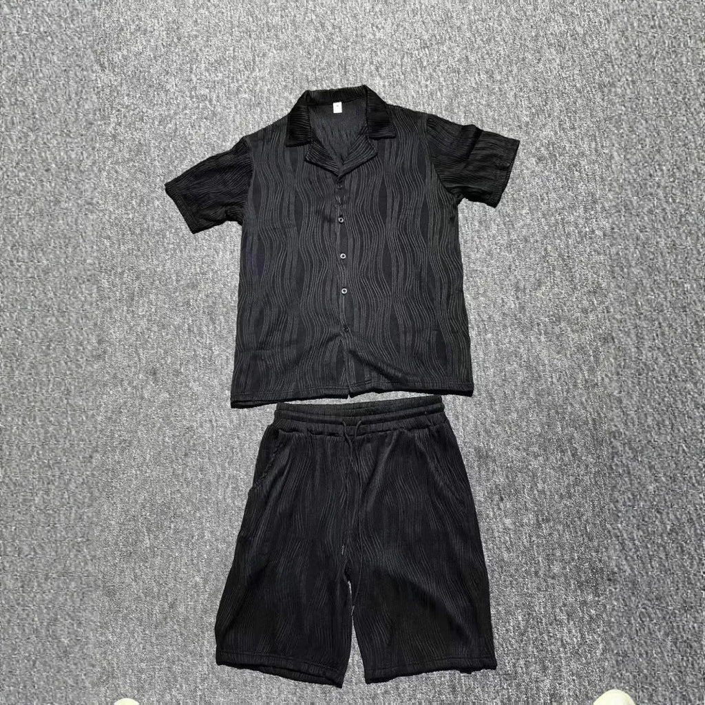 Men's black wave pattern shorts suit with short sleeve top and matching shorts