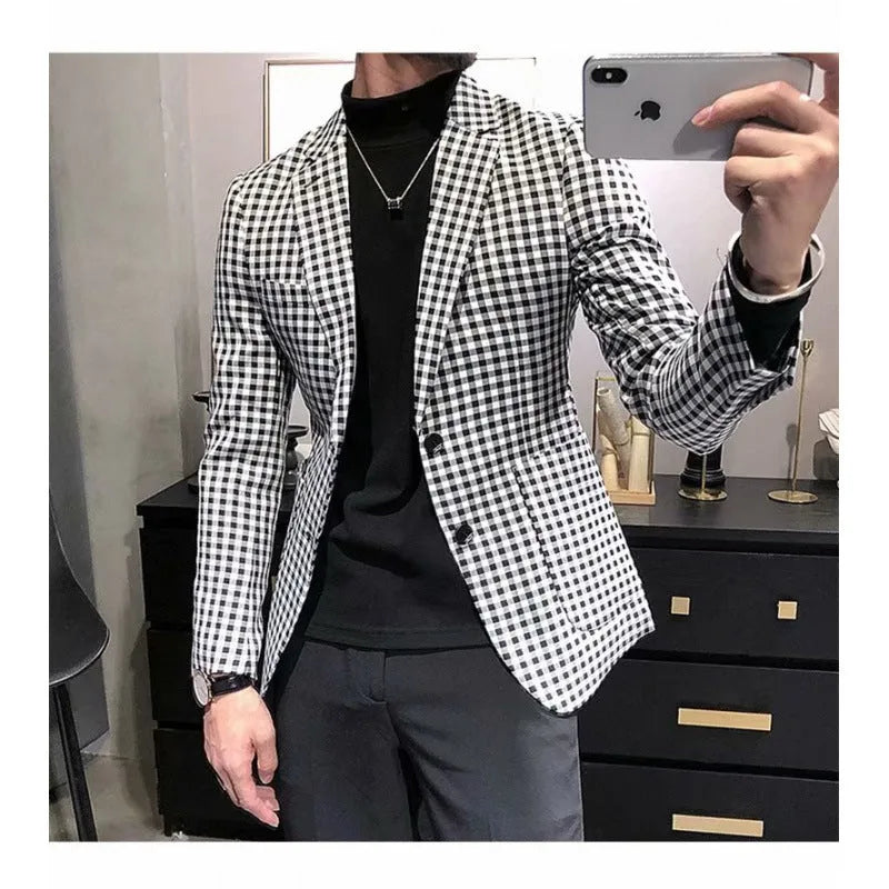 Black and white plaid loose fit casual jacket for youth work wear cotton blend