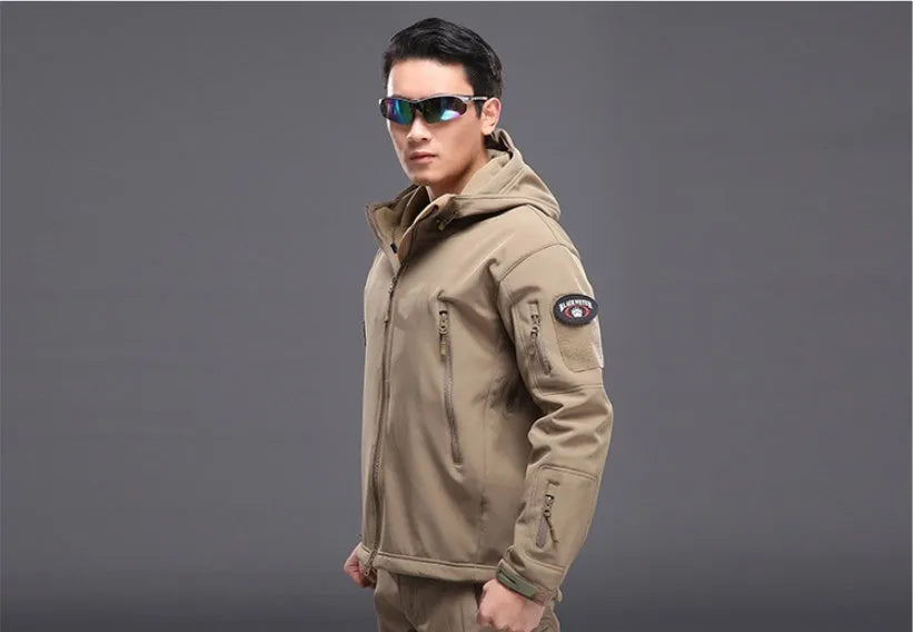 Military tactical jacket waterproof with fleece lining in khaki colour for outdoor use