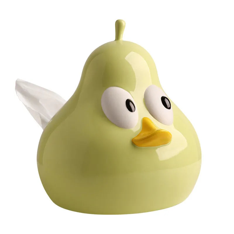 White porcelain ceramic pear-shaped tissue box with animal design in green colour