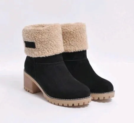 Women's mid-tube suede snow boots with a thick heel and waterproof platform in various colours.
