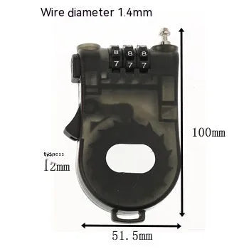 Retractable bicycle motorcycle helmet lock with ABS plastic housing and 1 metre wire rope cable extended