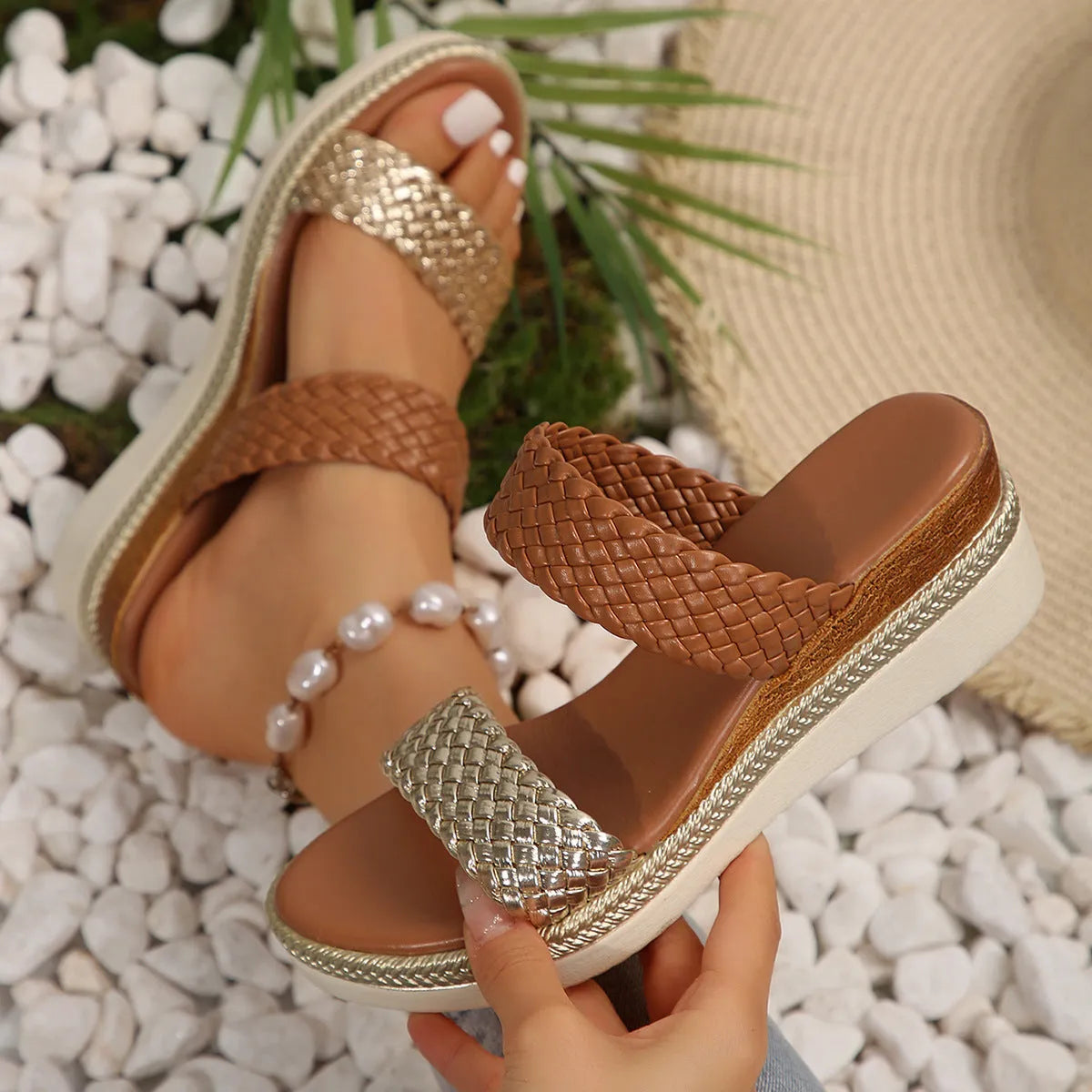 Women's plus size wedge sandals in gold metallic PU leather with rubber wedge soles