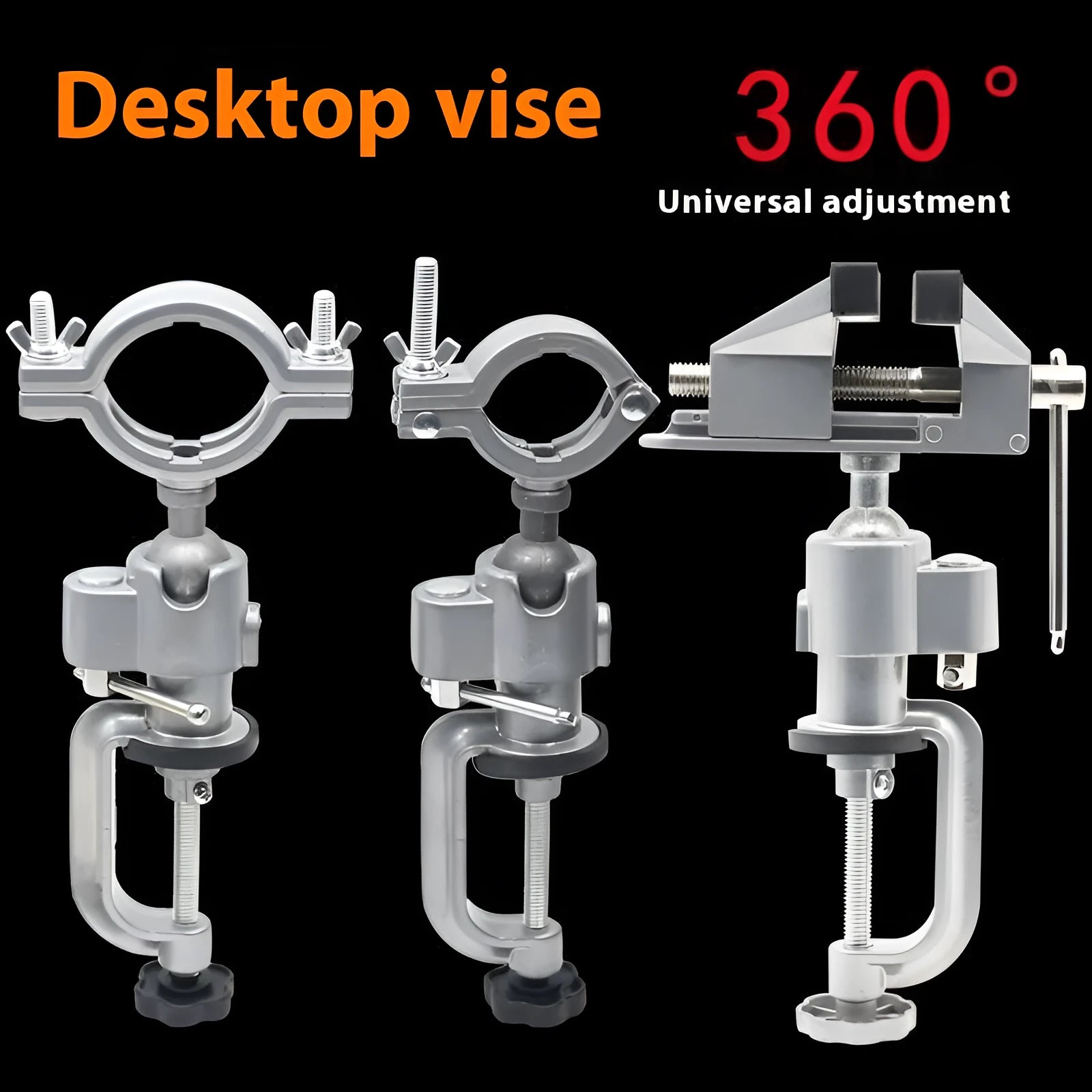 360-degree rotating clamp-on bench vise with tungsten steel construction showing single and double hole specifications