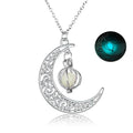 Fashion moon pendant necklace with glowing fluorite stone on bamboo chain, alloy and copper, sky blue colour