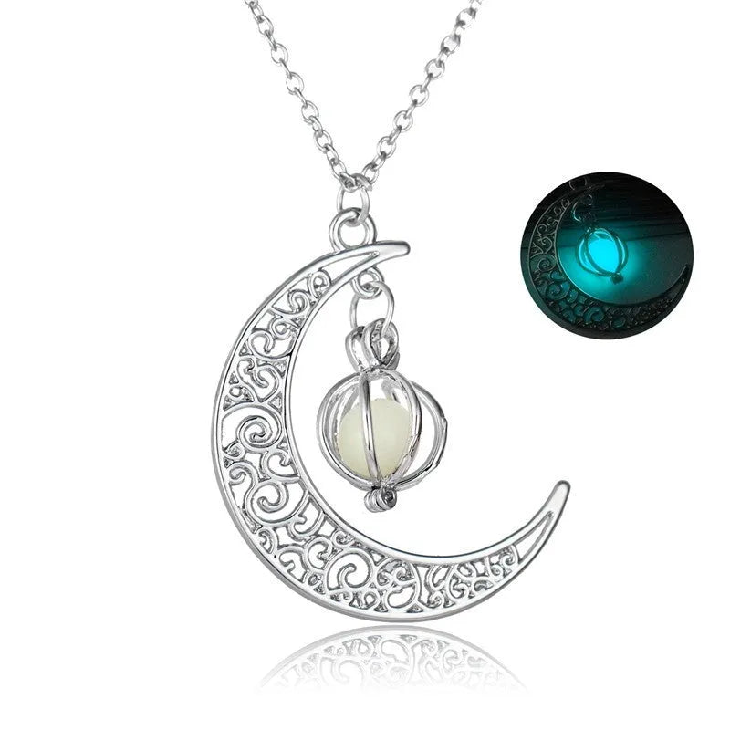 Fashion moon pendant necklace with glowing fluorite stone on bamboo chain, alloy and copper, sky blue colour