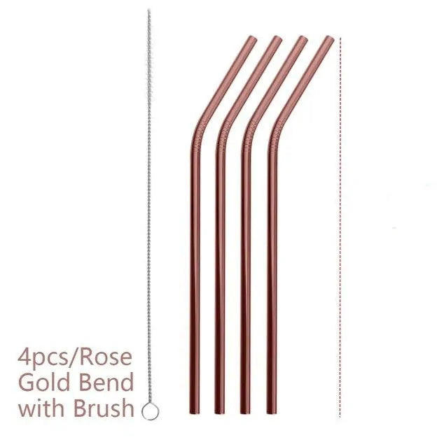 Set of four colourful reusable stainless steel straws in straight and bent styles with a cleaning brush.