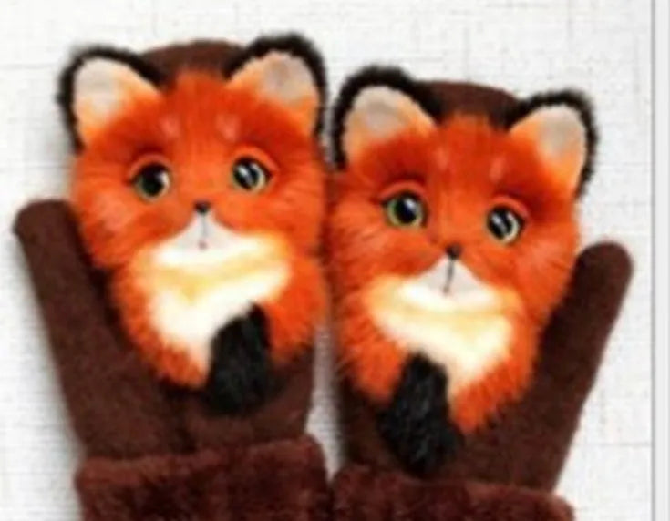 Cartoon animal warm mittens in red colour, 28cm total length, wool-blend fabric for autumn and winter