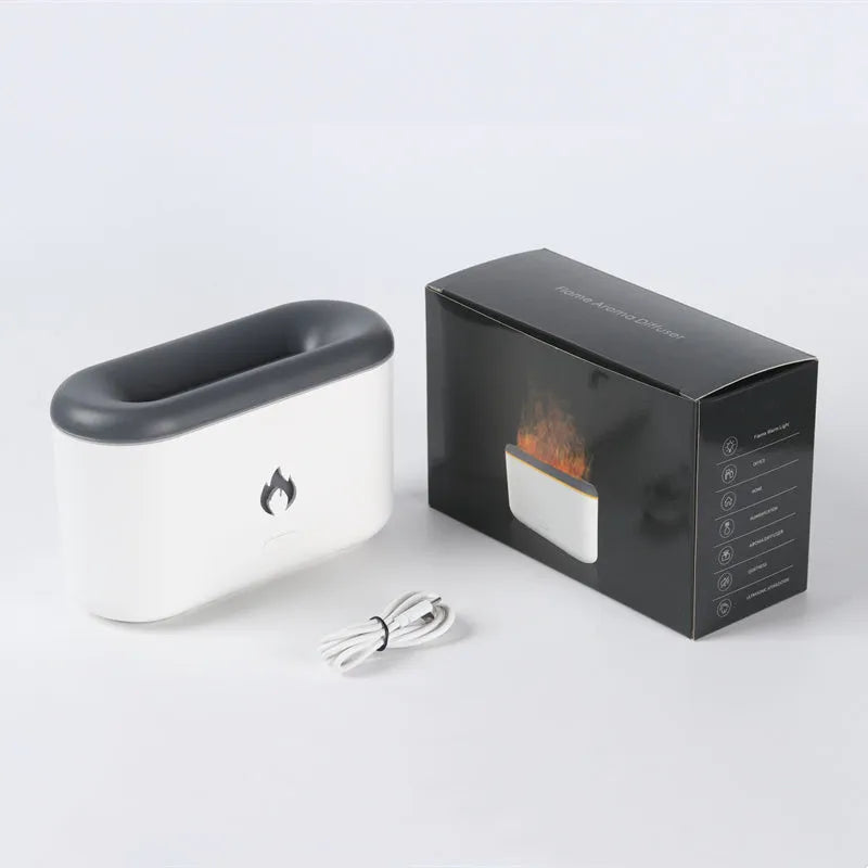 3D flame ultrasonic humidifier with 300ml water tank in white on a wooden desk