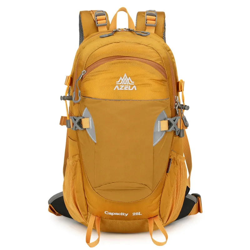 AZELA grey hiking backpack with adjustable straps on rocky trail outdoor setting