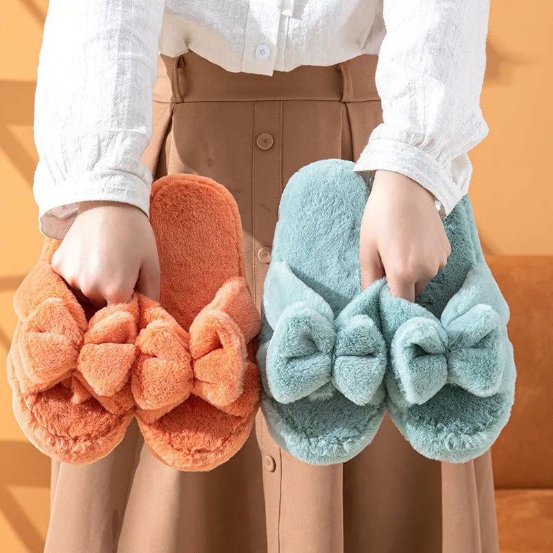 Bowknot plush slippers women's open-toe flip-flop with TPR sole in grey, pink, red, sky blue