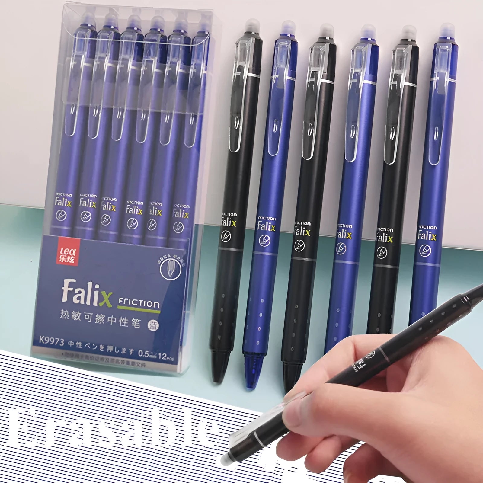 Blue and black erasable 0.5mm push gel pen with plastic shell for elementary school students