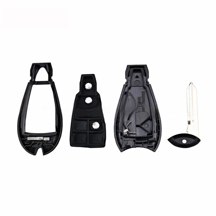 Chrysler Dodge car key replacement shell in ABS brass and nylon, showing dimensions 85mm x 42mm x 15mm.