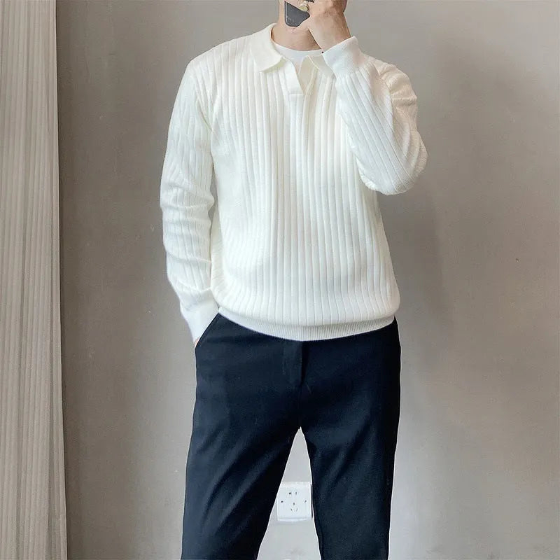 Man wearing a loose striped lapel knitted sweater in light grey, showing rabbit fur and modal blend fabric.