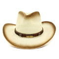 Paper straw cowboy hat with bell crown in beige colour on neutral background