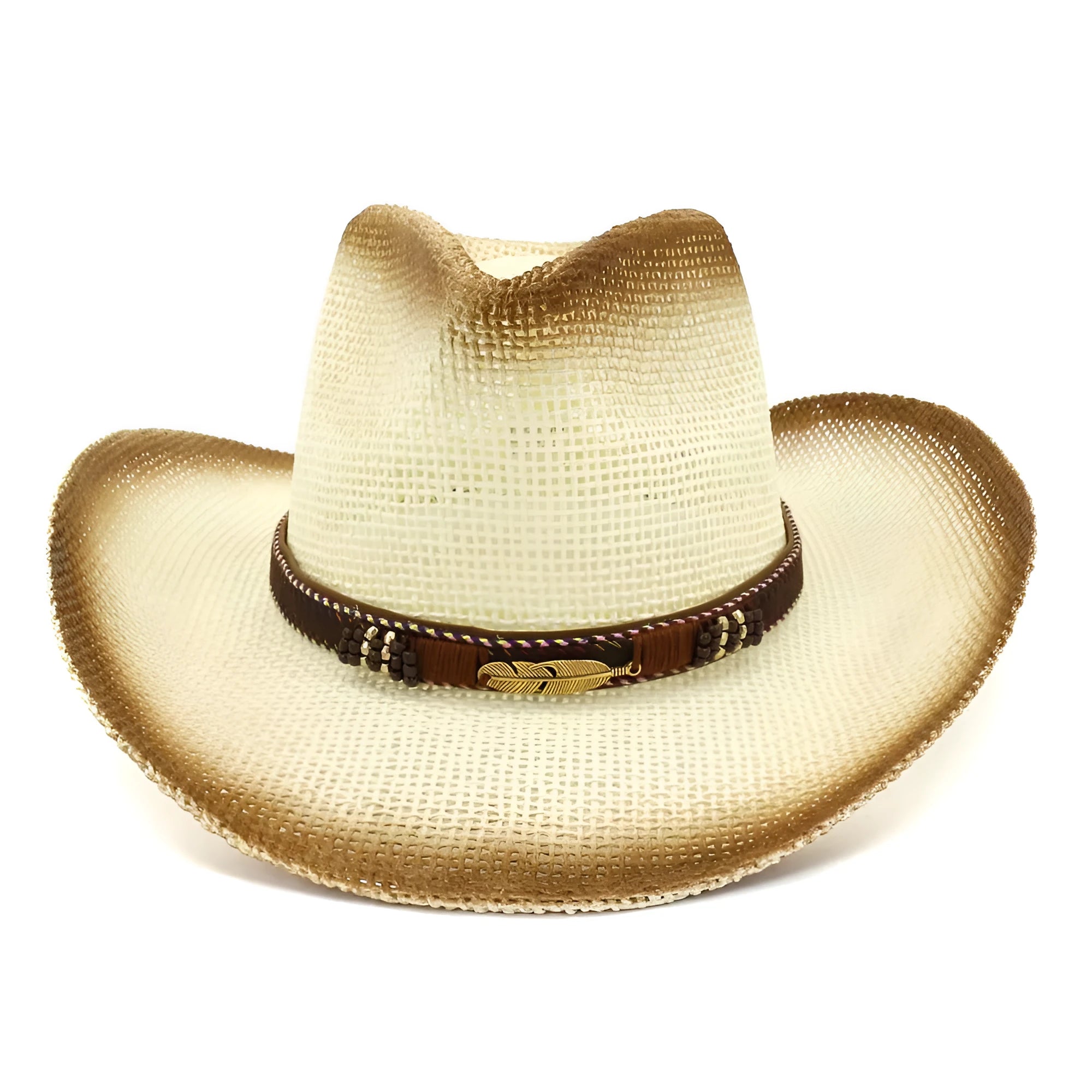 Western cowboy hat with spray paint pattern on straw material, bell crown shape, shown in neutral colour options