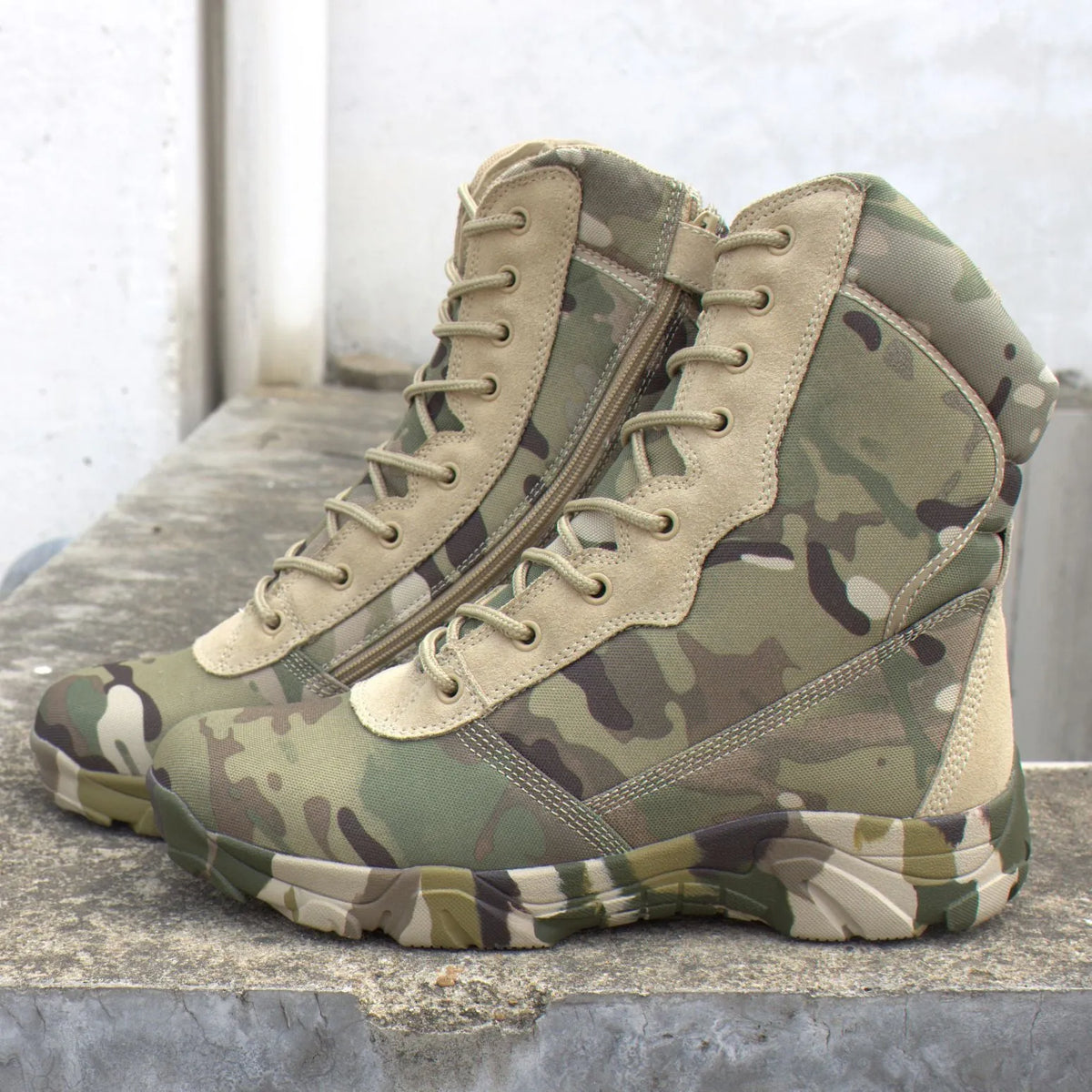 Waterproof nylon camouflage boots in green mango pattern, available in sizes 38 to 45 for men and women