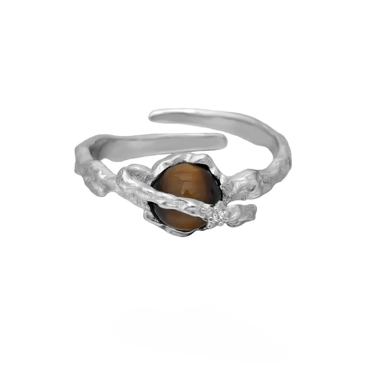 Silver Saturn open ring with tigereye detail and white gold-coloured electroplated finish, adjustable opening