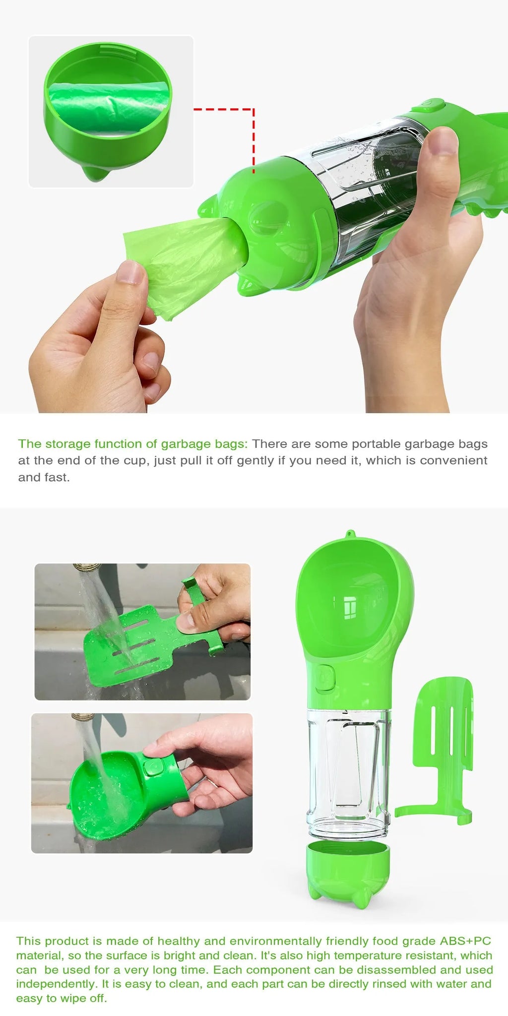 Pet multi-functional water bottle 300ml 500ml with food box, garbage bag, and side shovel in yellow, pink, blue, and green