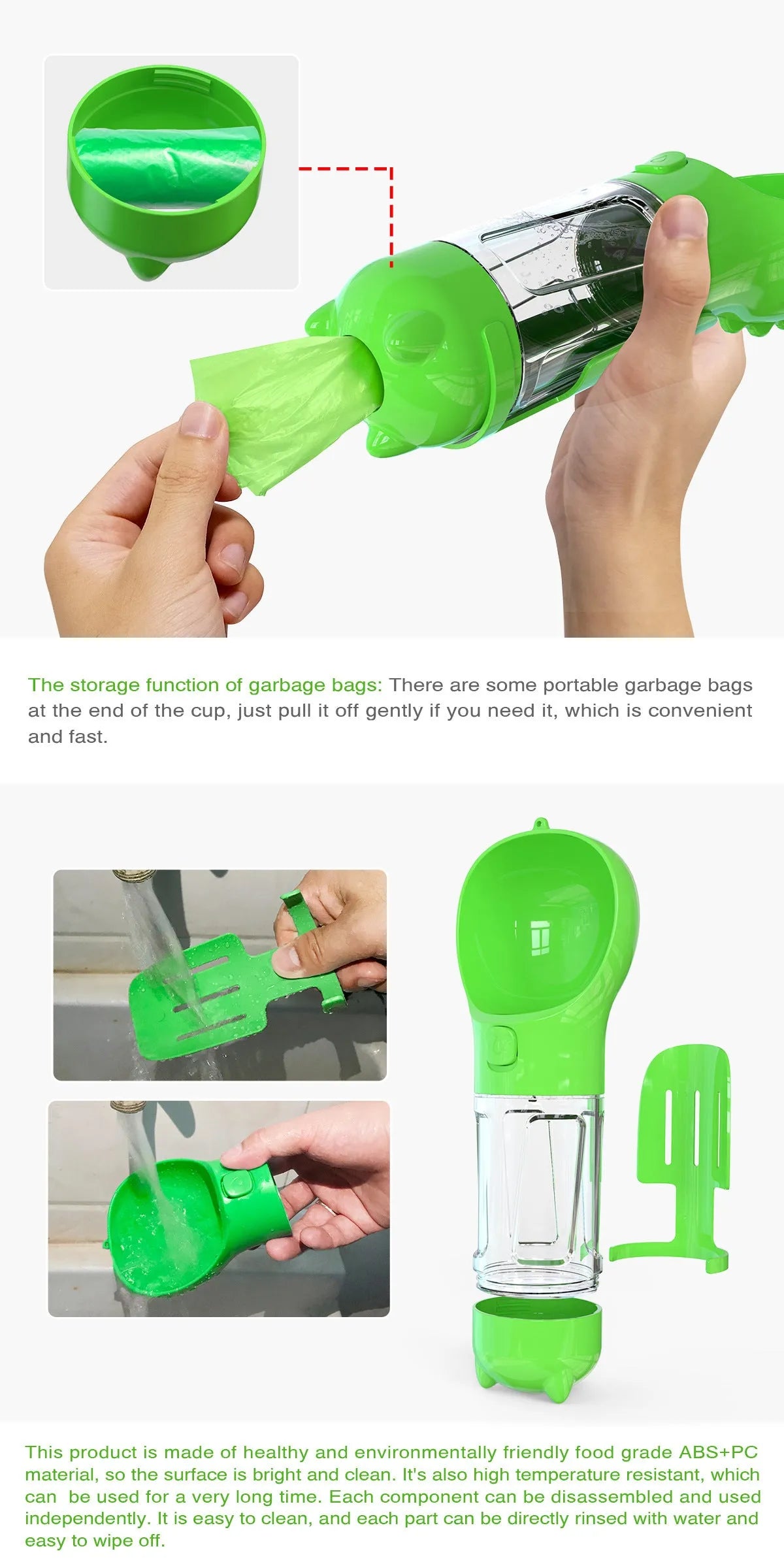 Pet multi-functional water bottle 300ml 500ml with food box, garbage bag, and side shovel in yellow, pink, blue, and green
