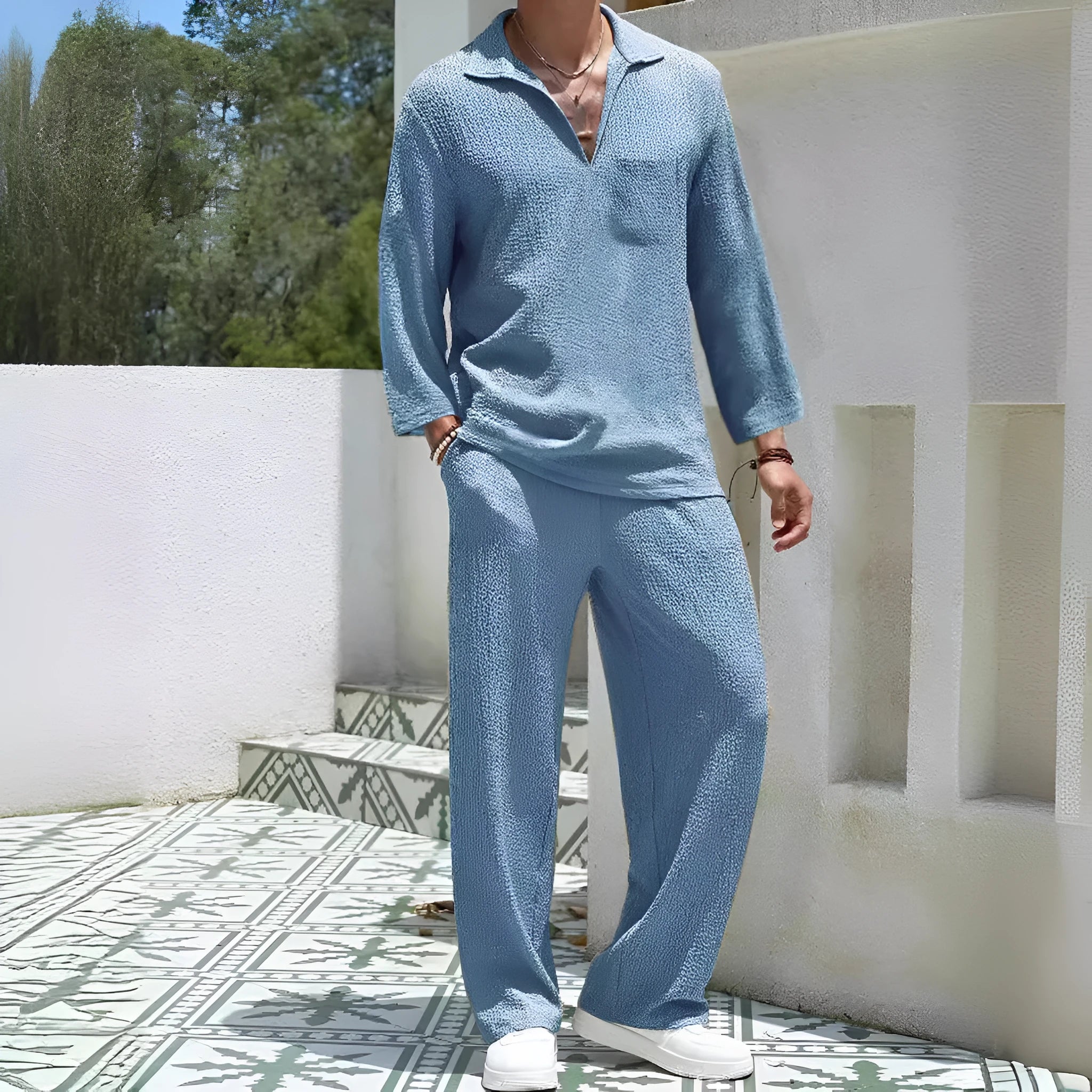 Men's casual shirt trousers commuter suit set in lake blue colour
