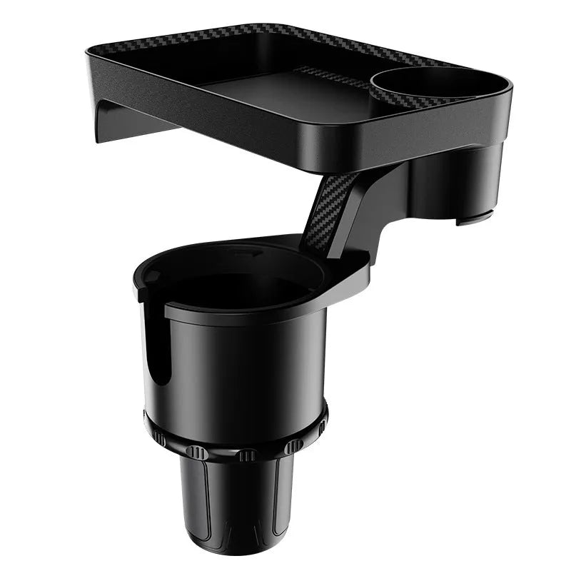 Black ABS plastic rotating dinner tray holder inserted into a car cup holder.