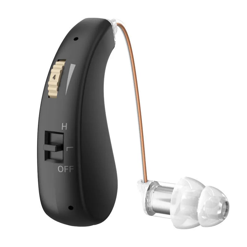 USB rechargeable behind-the-ear hearing aid for elderly in blue colour with volume control buttons