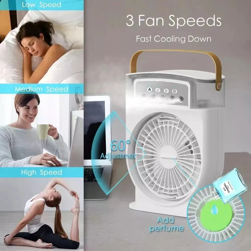 Portable USB air conditioner cooling fan with 7 colour LED lights and 600ml water tank in white