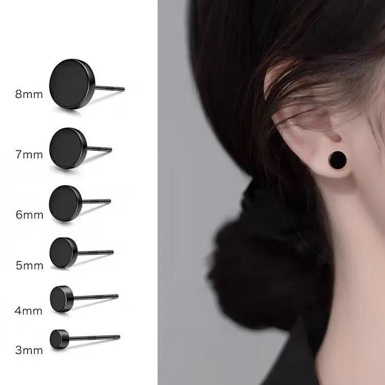 S999 Sterling Silver geometric round stud earrings in black and silver colours, showing size range from 3mm to 8mm.