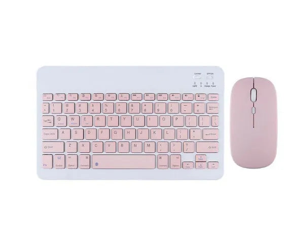 Bluetooth keyboard and matching rechargeable mouse set in elegant pink colour on a desk next to a tablet.