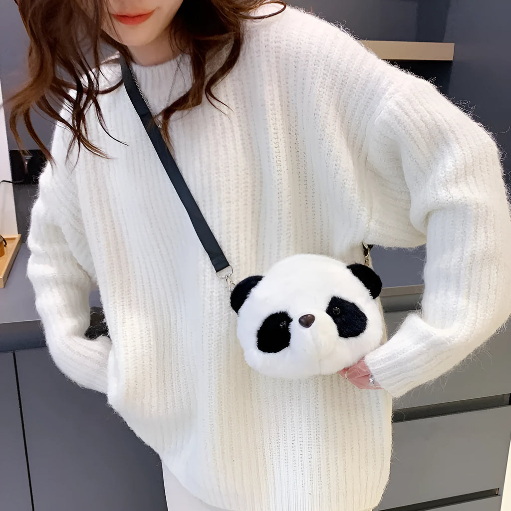 Soft plush Panda Head design cylindrical crossbody bag showing front view and pocket.