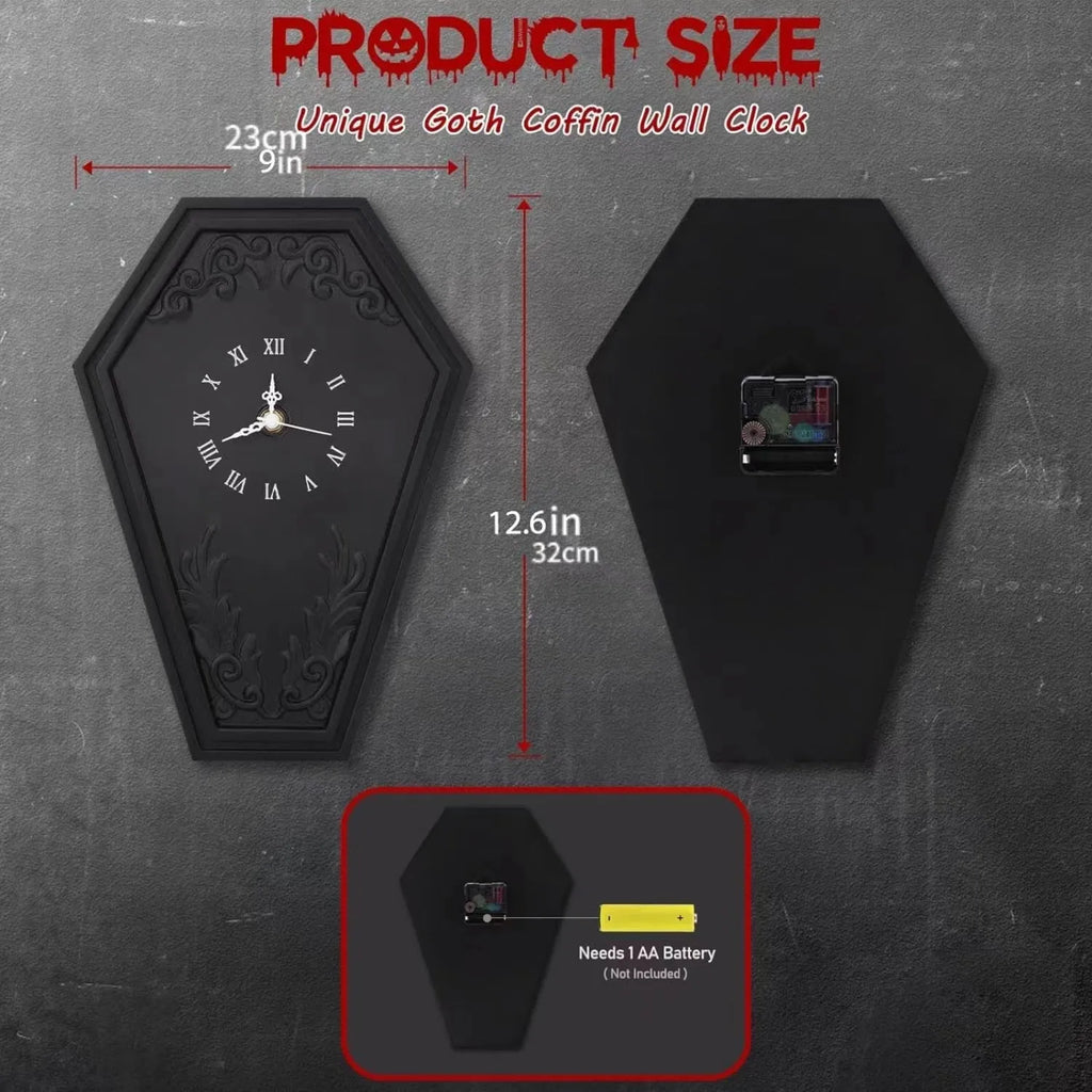Gothic coffin wall clock, wooden shell and dial, 23x32cm, battery quartz movement, classical dark style