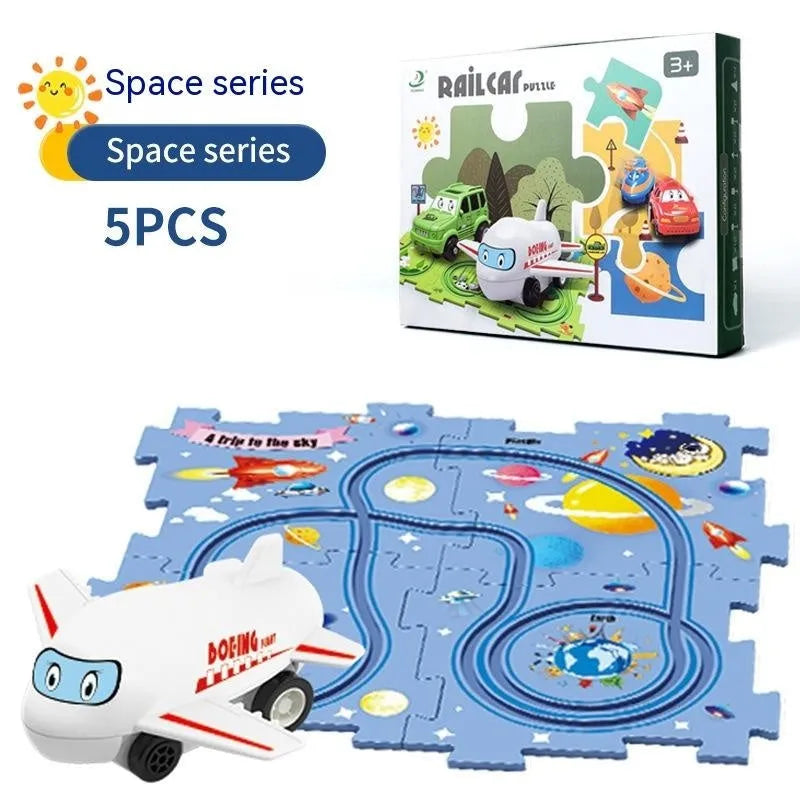 Children puzzle electric railroad speeder DIY assembly track set with automatic car and plastic pieces in multiple themes